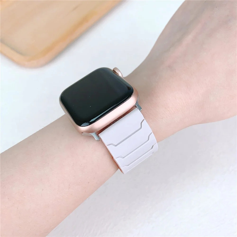 Silicone Strap for Apple Watch Series 11 10 42mm / 9 8 7 41mm / SE3 SE2 SE 6 5 4 40mm / 3 2 1 38mm Magnetic Band - Starlight+Orange - 6