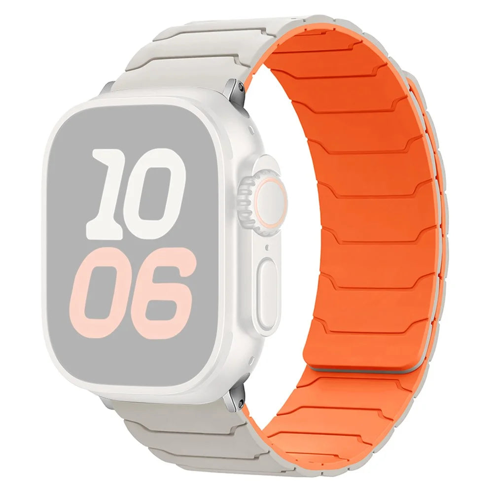 Silicone Strap for Apple Watch Ultra 3 2 1 49mm / Series 11 10 46mm / 9 8 7 45mm / SE3 SE2 SE 6 5 4 44mm / 3 2 1 42mm Magnetic Band - Starlight+Orange - 1