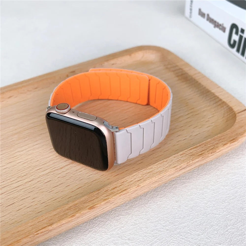 Silicone Strap for Apple Watch Ultra 3 2 1 49mm / Series 11 10 46mm / 9 8 7 45mm / SE3 SE2 SE 6 5 4 44mm / 3 2 1 42mm Magnetic Band - Starlight+Orange - 4