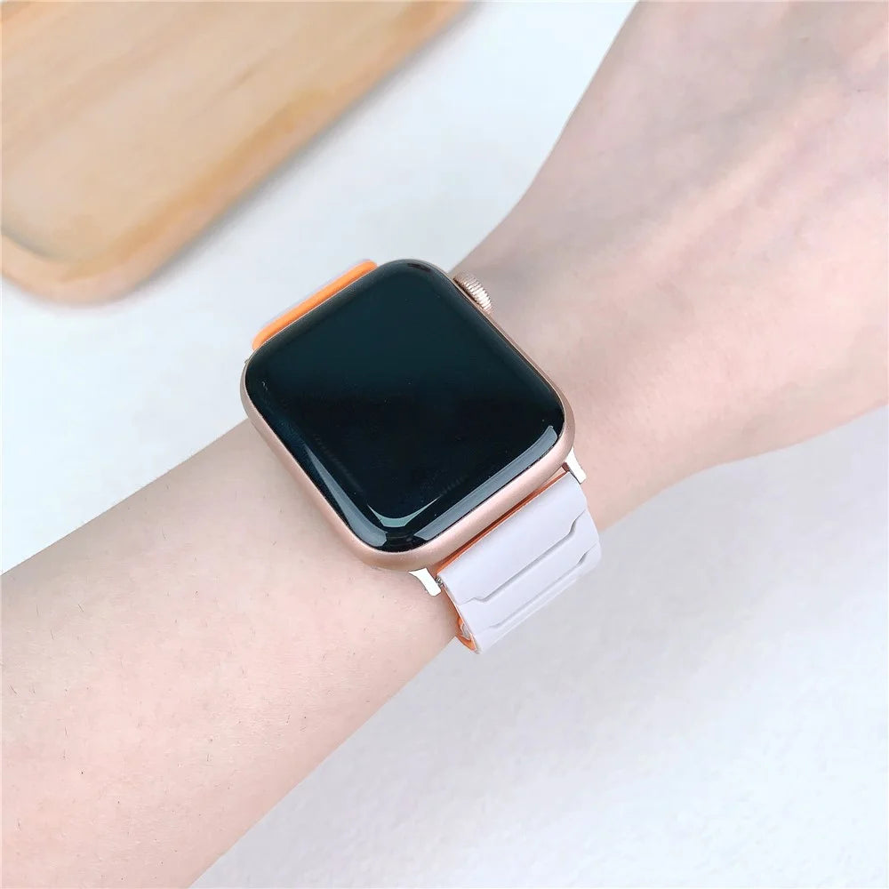 Silicone Strap for Apple Watch Ultra 3 2 1 49mm / Series 11 10 46mm / 9 8 7 45mm / SE3 SE2 SE 6 5 4 44mm / 3 2 1 42mm Magnetic Band - Starlight+Orange - 5