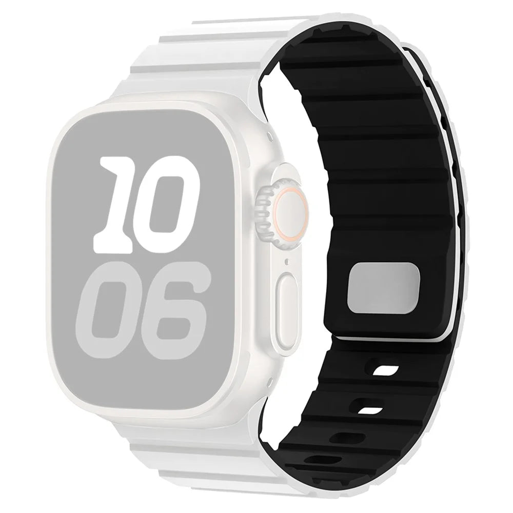 Silicone Band for Apple Watch Series 11 10 42mm / 9 8 7 41mm / SE3 SE2 SE 6 5 4 40mm / 3 2 1 38mm Magnetic Quick Release Strap - White+Black - 1
