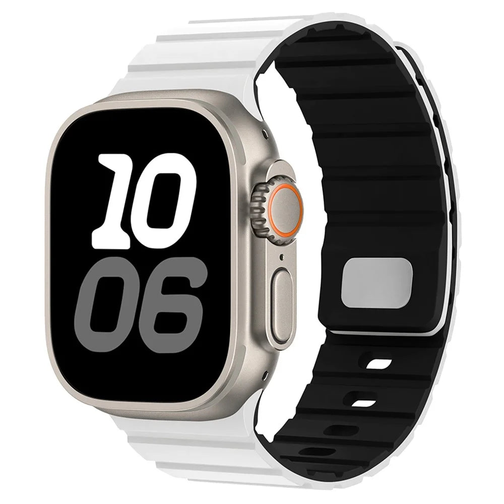 Silicone Band for Apple Watch Series 11 10 42mm / 9 8 7 41mm / SE3 SE2 SE 6 5 4 40mm / 3 2 1 38mm Magnetic Quick Release Strap - White+Black - 2