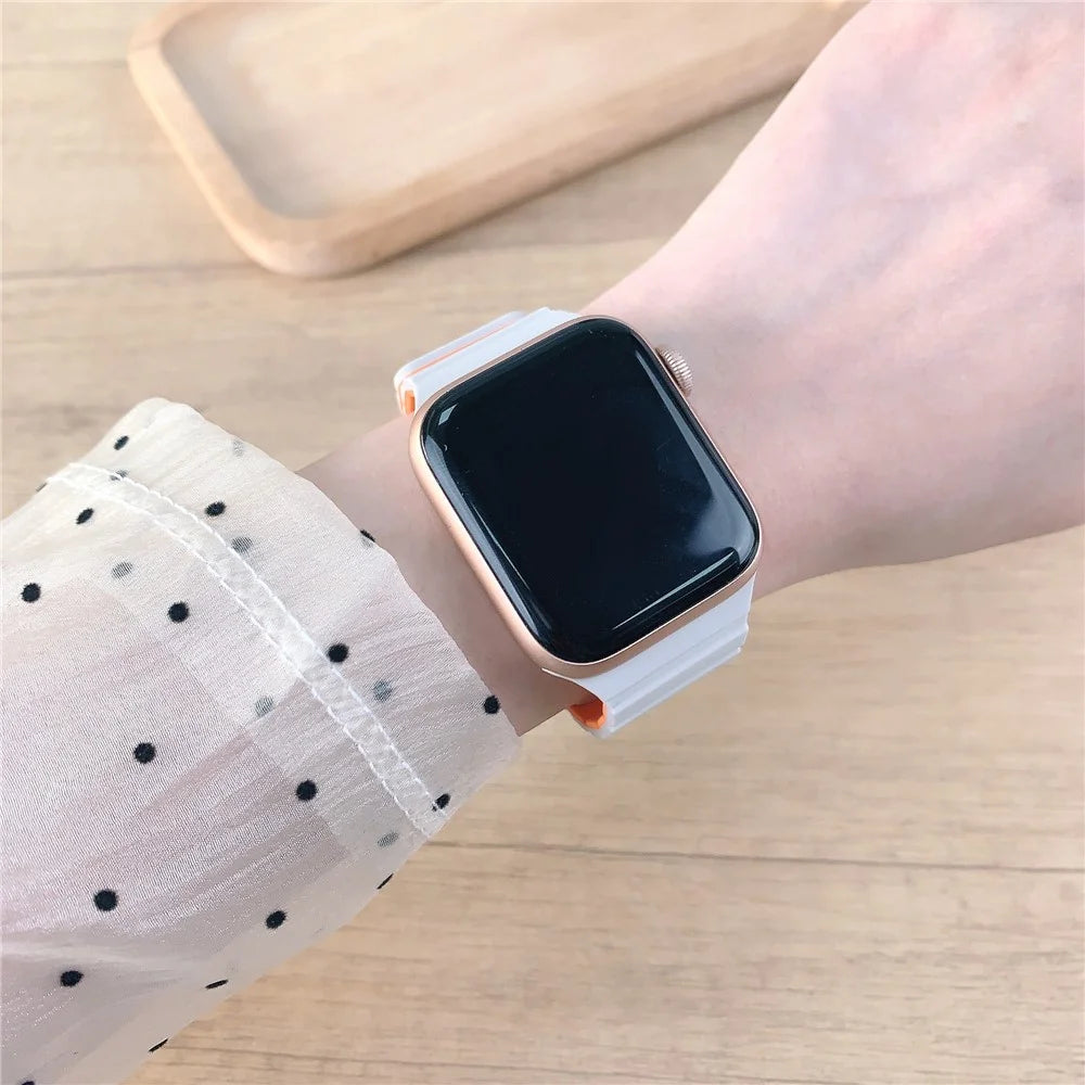 Silicone Band for Apple Watch Series 11 10 42mm / 9 8 7 41mm / SE3 SE2 SE 6 5 4 40mm / 3 2 1 38mm Magnetic Quick Release Strap - White+Black - 4