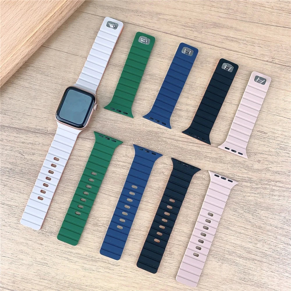 Silicone Band for Apple Watch Series 11 10 42mm / 9 8 7 41mm / SE3 SE2 SE 6 5 4 40mm / 3 2 1 38mm Magnetic Quick Release Strap - White+Black - 6