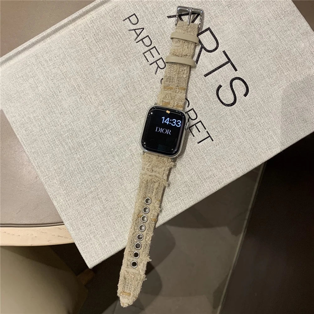 Genuine Cow Leather + Wool Strap for Apple Watch Series 11 10 42mm / 9 8 7 41mm / SE3 SE2 SE 6 5 4 40mm / 3 2 1 38mm - Cream White - 2