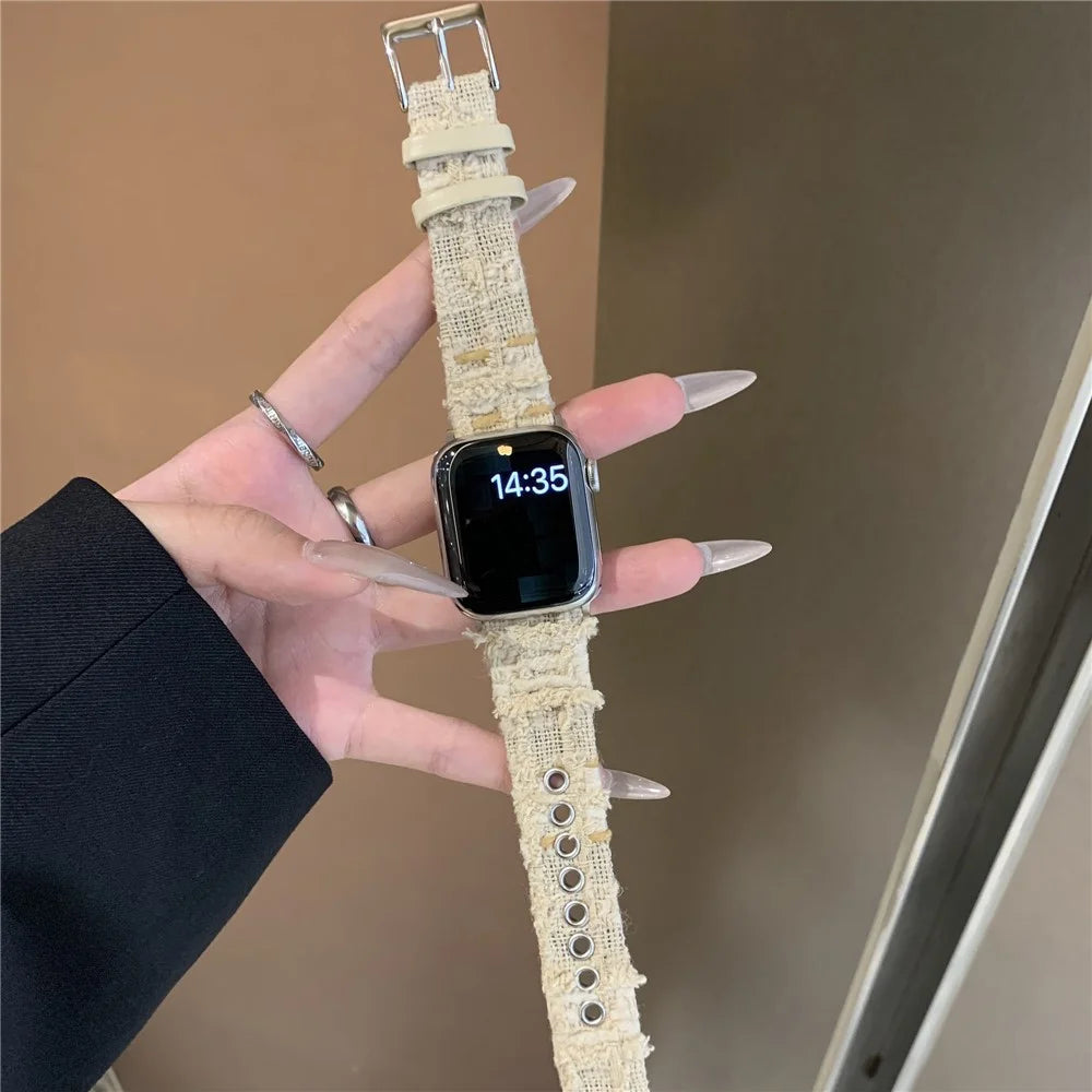Genuine Cow Leather + Wool Strap for Apple Watch Series 11 10 42mm / 9 8 7 41mm / SE3 SE2 SE 6 5 4 40mm / 3 2 1 38mm - Cream White - 3