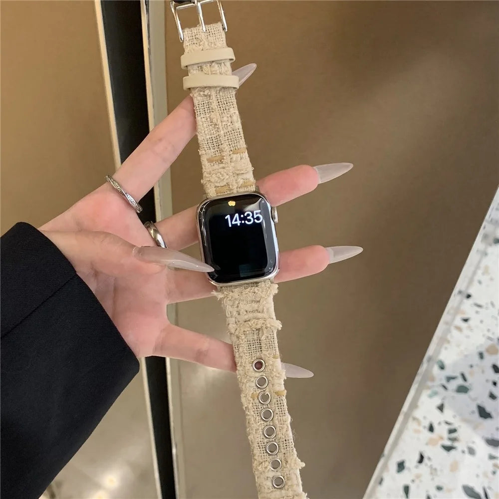 Genuine Cow Leather + Wool Strap for Apple Watch Series 11 10 42mm / 9 8 7 41mm / SE3 SE2 SE 6 5 4 40mm / 3 2 1 38mm - Cream White - 4