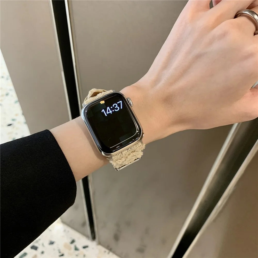 Genuine Cow Leather + Wool Strap for Apple Watch Series 11 10 42mm / 9 8 7 41mm / SE3 SE2 SE 6 5 4 40mm / 3 2 1 38mm - Cream White - 5