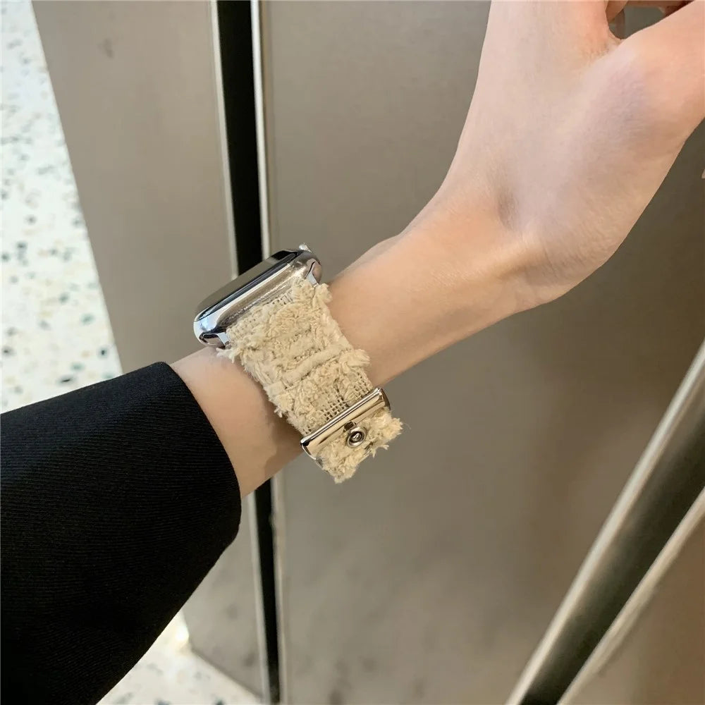 Genuine Cow Leather + Wool Strap for Apple Watch Series 11 10 42mm / 9 8 7 41mm / SE3 SE2 SE 6 5 4 40mm / 3 2 1 38mm - Cream White - 6