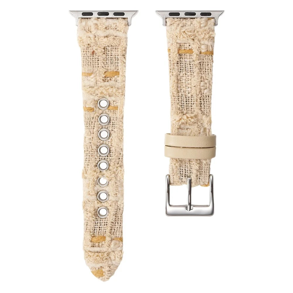Genuine Cow Leather + Wool Strap for Apple Watch Ultra 3 2 1 49mm / Series 11 10 46mm / 9 8 7 45mm / SE3 SE2 SE 6 5 4 44mm / 3 2 1 42mm - Cream White - 1