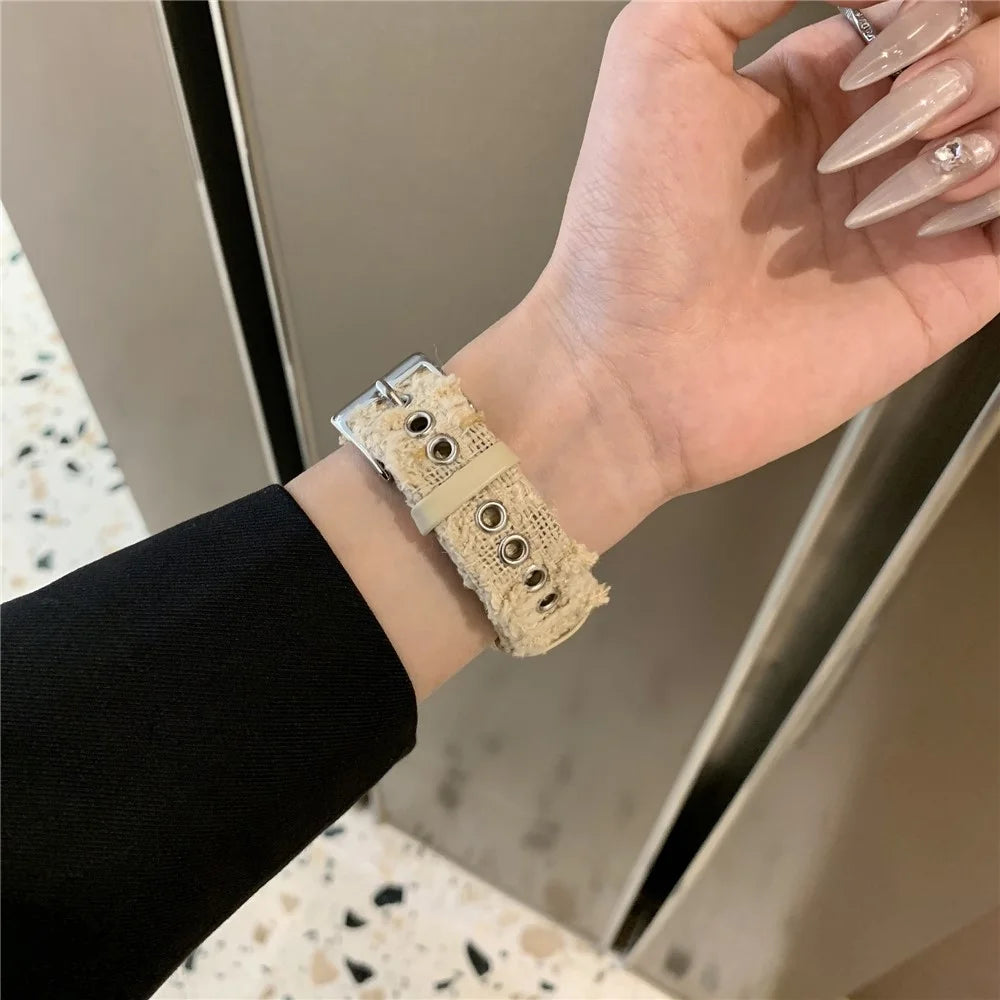 Genuine Cow Leather + Wool Strap for Apple Watch Ultra 3 2 1 49mm / Series 11 10 46mm / 9 8 7 45mm / SE3 SE2 SE 6 5 4 44mm / 3 2 1 42mm - Cream White - 7