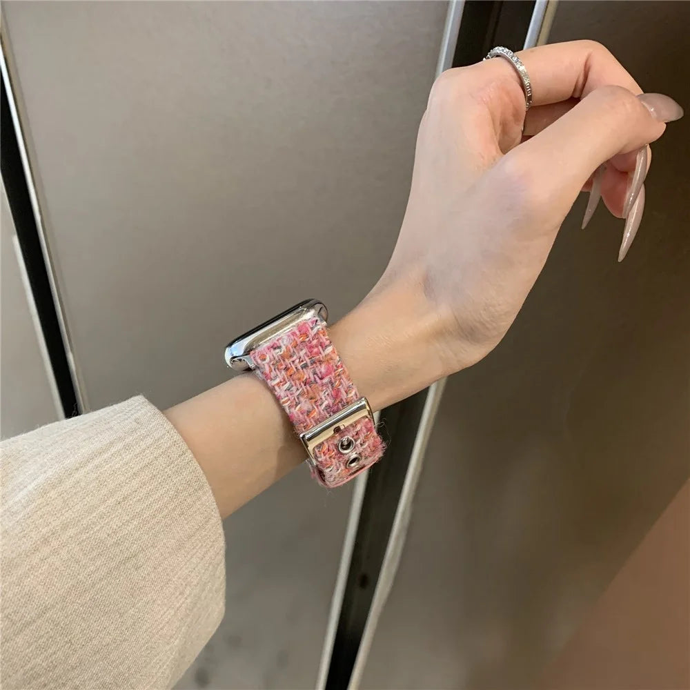 Genuine Cow Leather + Wool Strap for Apple Watch Series 11 10 42mm / 9 8 7 41mm / SE3 SE2 SE 6 5 4 40mm / 3 2 1 38mm Winter Watchband - Pink - 4