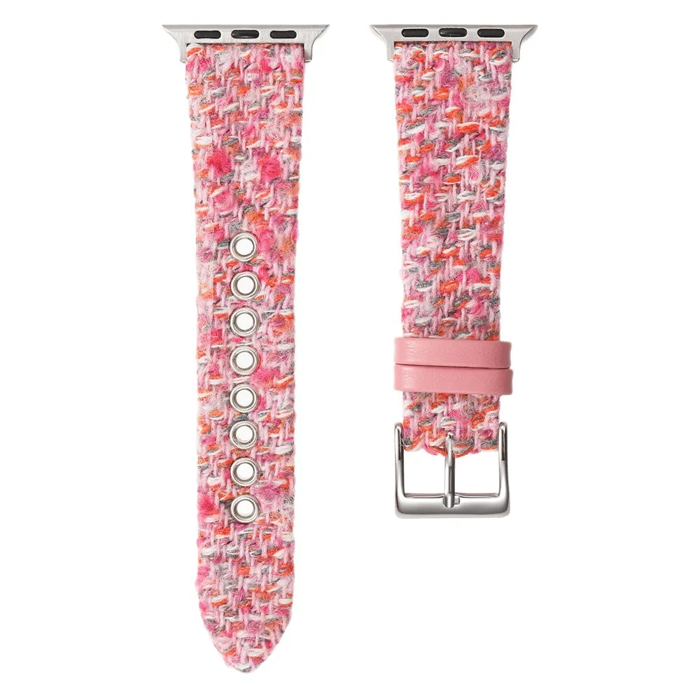 Genuine Cow Leather + Wool Strap for Apple Watch Ultra 3 2 1 49mm / Series 11 10 46mm / 9 8 7 45mm / SE3 SE2 SE 6 5 4 44mm / 3 2 1 42mm Winter Watchband - Pink - 1