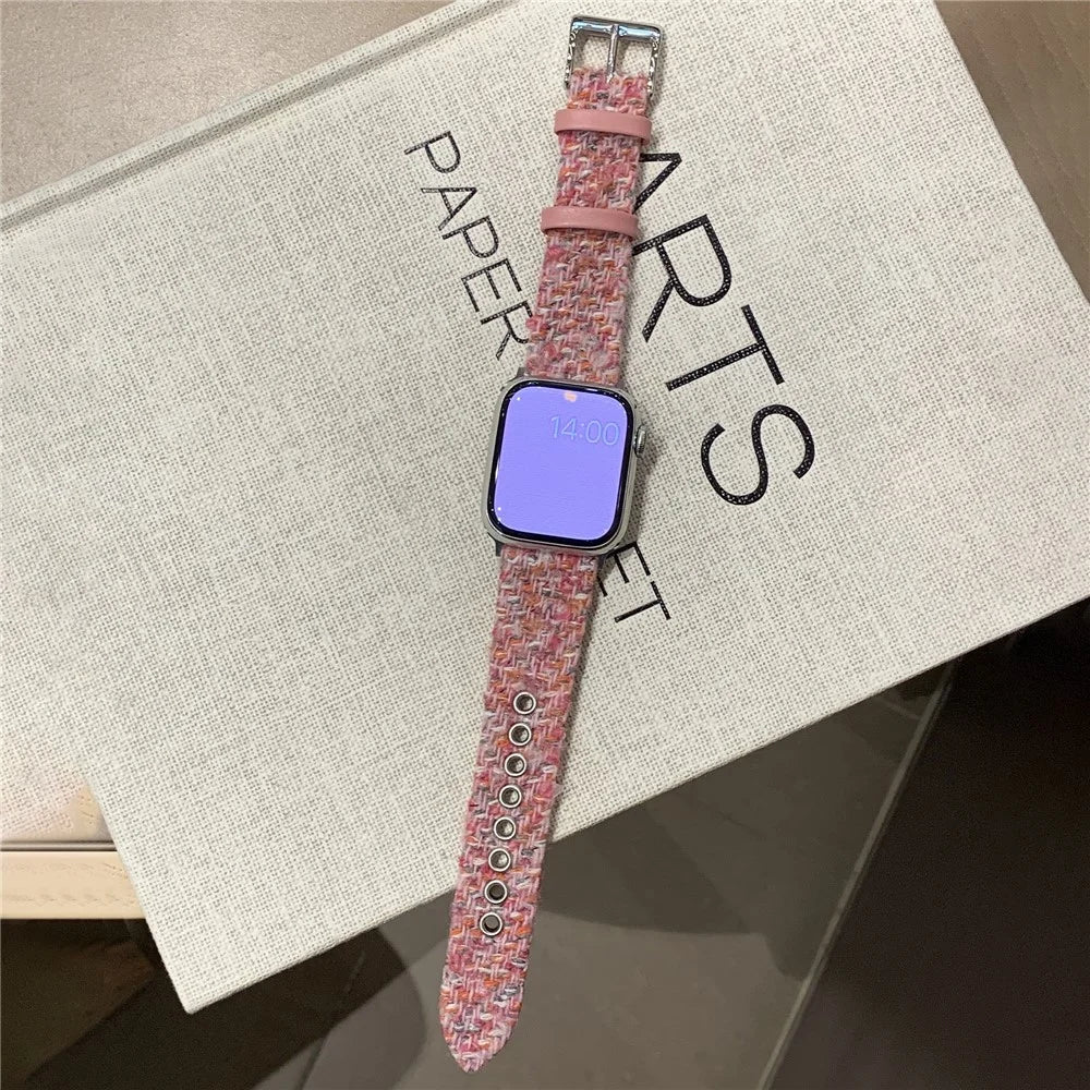 Genuine Cow Leather + Wool Strap for Apple Watch Ultra 3 2 1 49mm / Series 11 10 46mm / 9 8 7 45mm / SE3 SE2 SE 6 5 4 44mm / 3 2 1 42mm Winter Watchband - Pink - 2
