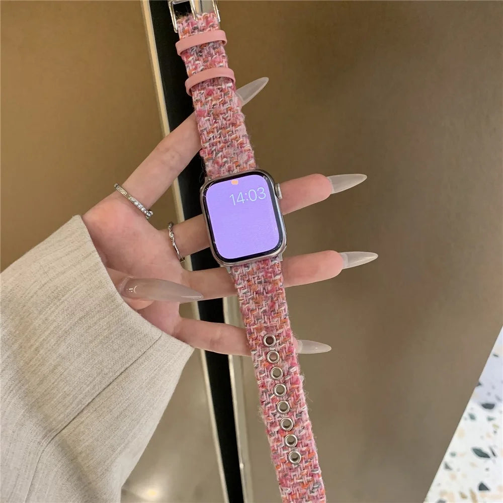 Genuine Cow Leather + Wool Strap for Apple Watch Ultra 3 2 1 49mm / Series 11 10 46mm / 9 8 7 45mm / SE3 SE2 SE 6 5 4 44mm / 3 2 1 42mm Winter Watchband - Pink - 3