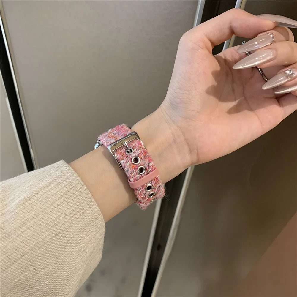 Genuine Cow Leather + Wool Strap for Apple Watch Ultra 3 2 1 49mm / Series 11 10 46mm / 9 8 7 45mm / SE3 SE2 SE 6 5 4 44mm / 3 2 1 42mm Winter Watchband - Pink - 5