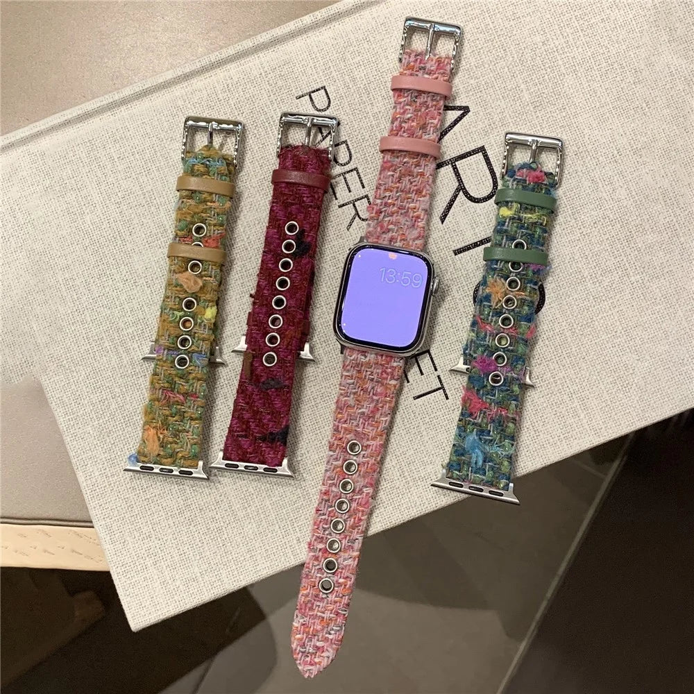 Genuine Cow Leather + Wool Strap for Apple Watch Ultra 3 2 1 49mm / Series 11 10 46mm / 9 8 7 45mm / SE3 SE2 SE 6 5 4 44mm / 3 2 1 42mm Winter Watchband - Pink - 6