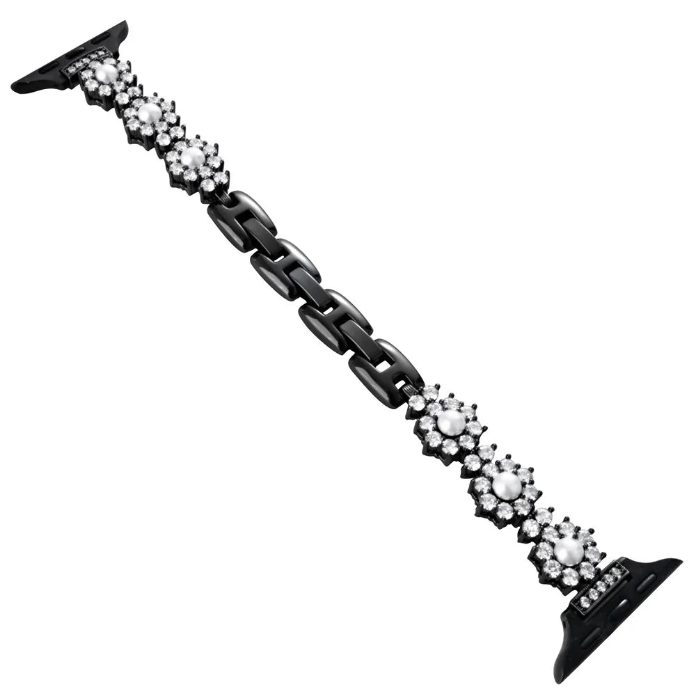 Watch Band For Apple Watch Series 11 10 42mm / 9 8 7 41mm / SE3 SE2 SE 6 5 4 40mm / 3 2 1 38mm Metal Sparkling Pearl Bracelet Strap - Black - 2