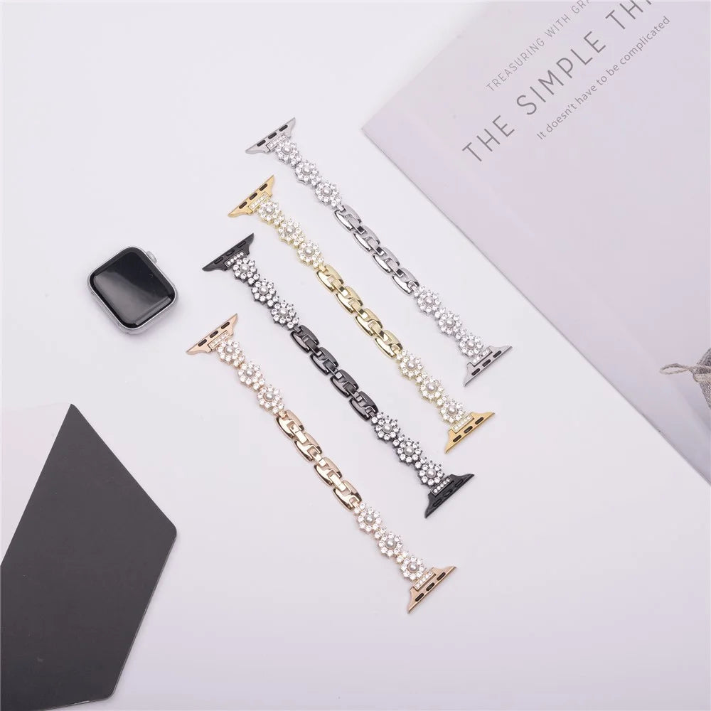 Watch Band For Apple Watch Series 11 10 42mm / 9 8 7 41mm / SE3 SE2 SE 6 5 4 40mm / 3 2 1 38mm Metal Sparkling Pearl Bracelet Strap - Black - 5