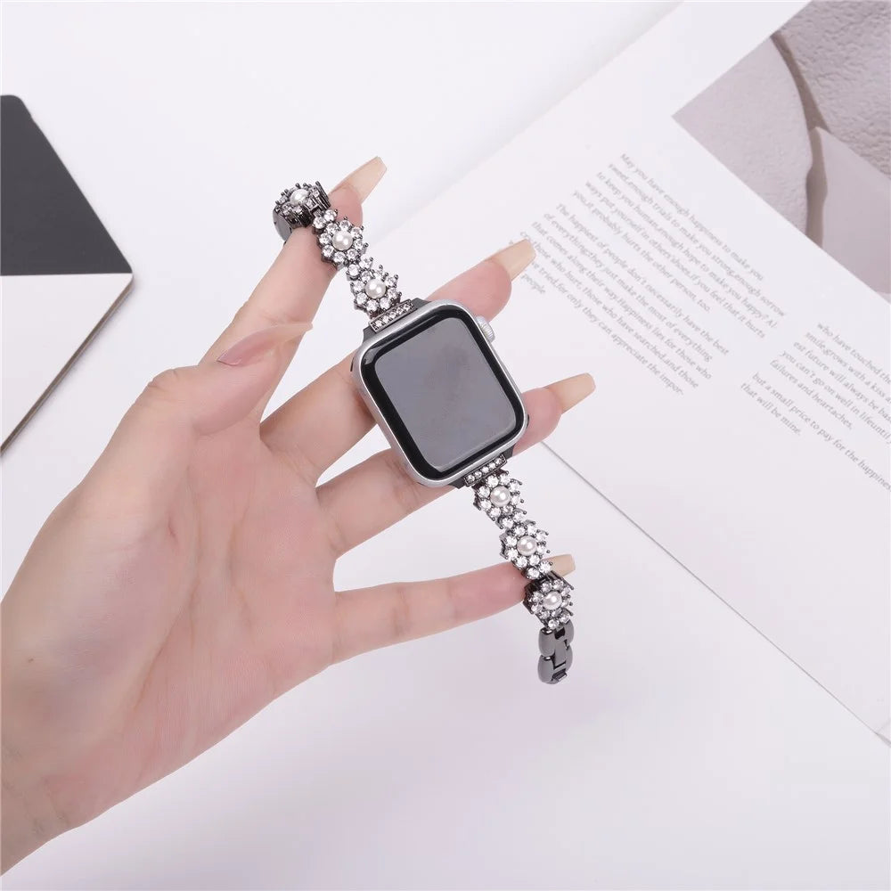 Watch Band For Apple Watch Ultra 3 2 1 49mm / Series 11 10 46mm / 9 8 7 45mm / SE3 SE2 SE 6 5 4 44mm / 3 2 1 42mm Metal Sparkling Pearl Bracelet Strap - Black - 3