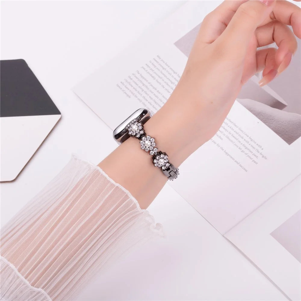 Watch Band For Apple Watch Ultra 3 2 1 49mm / Series 11 10 46mm / 9 8 7 45mm / SE3 SE2 SE 6 5 4 44mm / 3 2 1 42mm Metal Sparkling Pearl Bracelet Strap - Black - 4