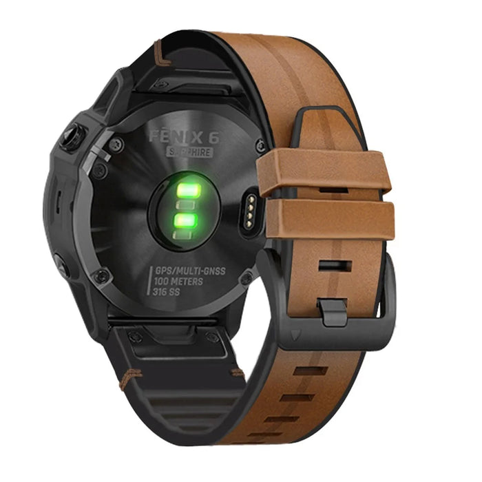 For Garmin Fenix 7/6/5 Watch Band Genuine Leather + Silicone Wrist Strap Replacement - Brown - 3