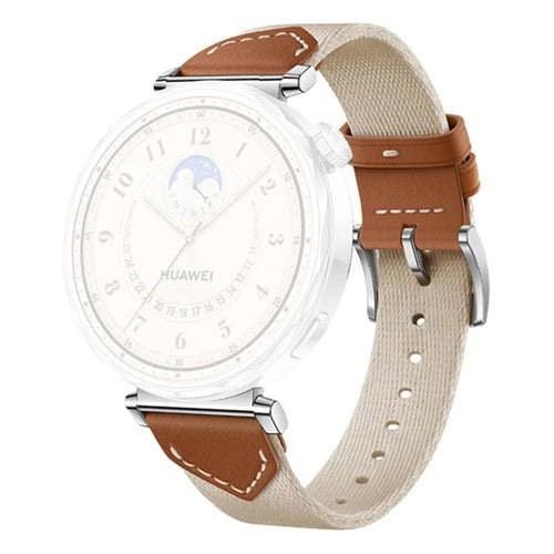 Watch Strap For Huawei Watch GT 5 Pro 42m / GT 5 41mm / GT 4 41mm / GT 3 42mm , 18mm Leather Nylon Woven Watch Band - Saddle Brown - 1