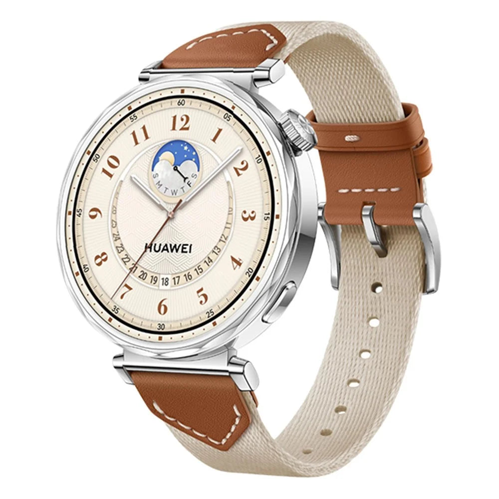 Watch Strap For Huawei Watch GT 5 Pro 42m / GT 5 41mm / GT 4 41mm / GT 3 42mm , 18mm Leather Nylon Woven Watch Band - Saddle Brown - 2