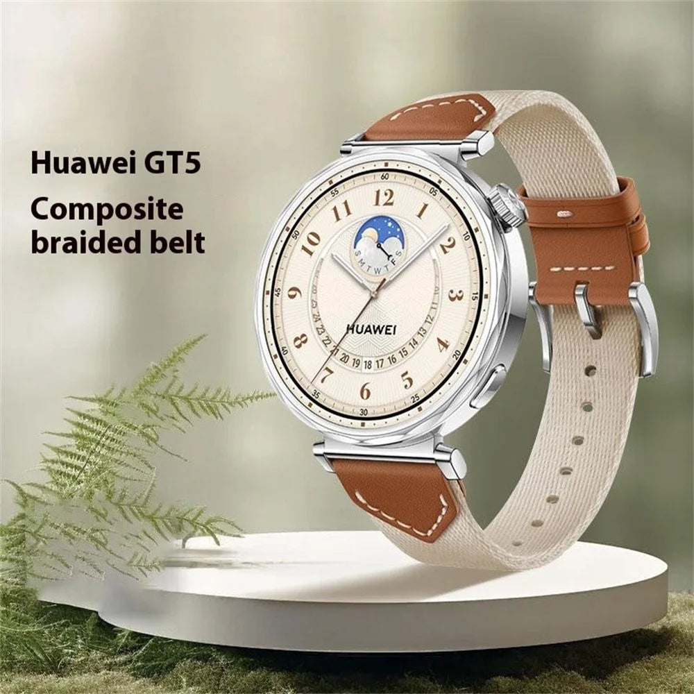 Watch Strap For Huawei Watch GT 5 Pro 42m / GT 5 41mm / GT 4 41mm / GT 3 42mm , 18mm Leather Nylon Woven Watch Band - Saddle Brown - 3