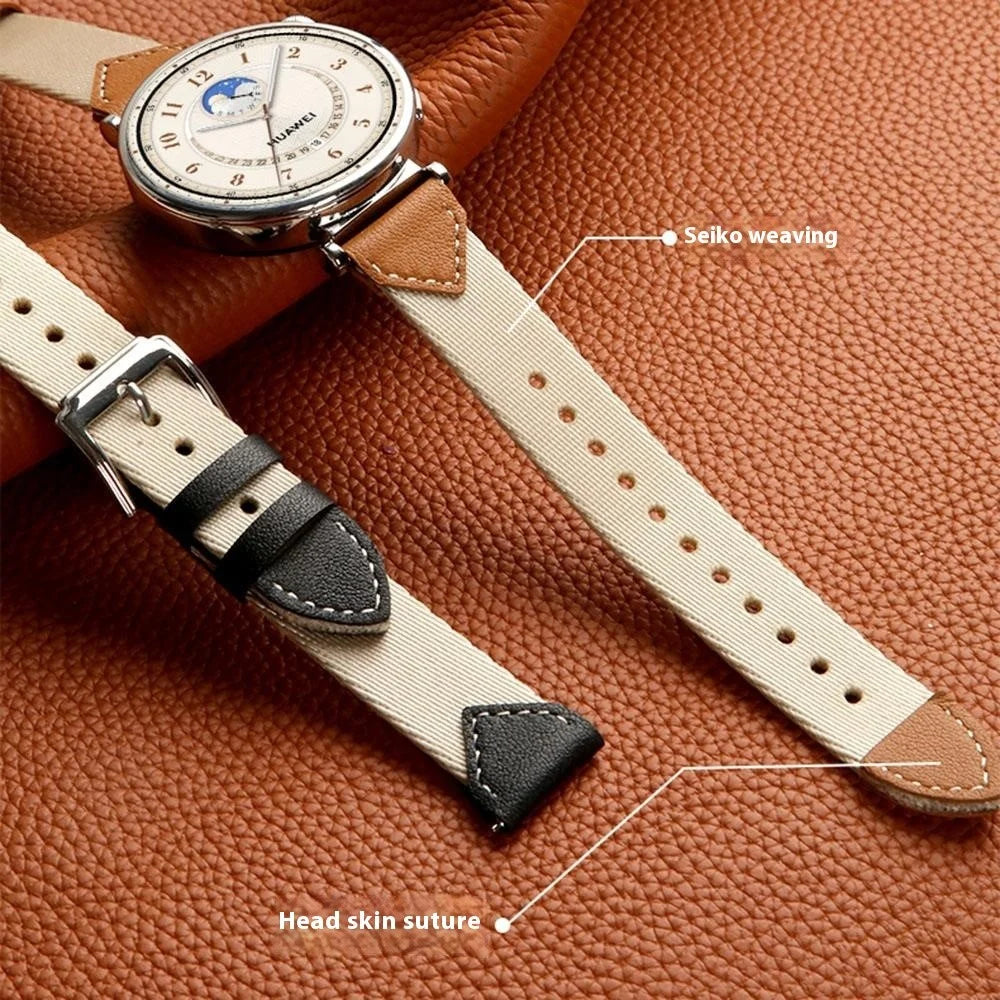 Watch Strap For Huawei Watch GT 5 Pro 42m / GT 5 41mm / GT 4 41mm / GT 3 42mm , 18mm Leather Nylon Woven Watch Band - Saddle Brown - 5