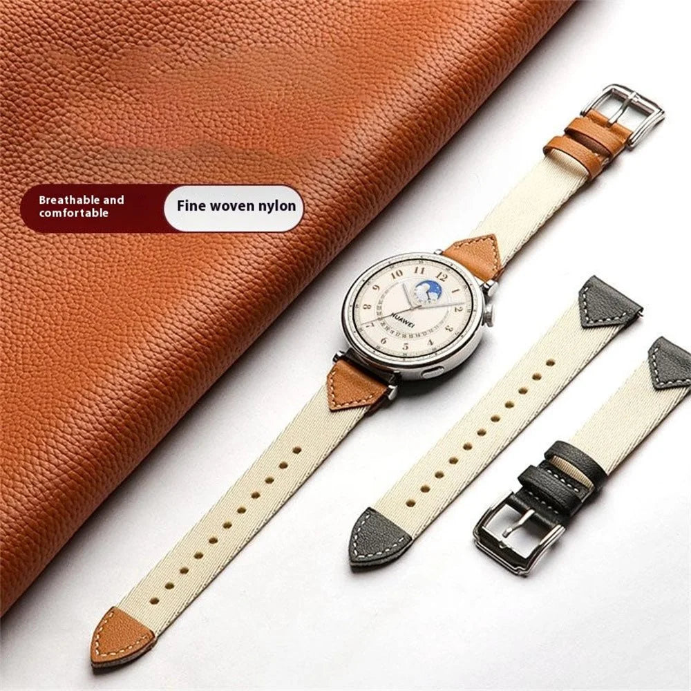 Watch Strap For Huawei Watch GT 5 Pro 42m / GT 5 41mm / GT 4 41mm / GT 3 42mm , 18mm Leather Nylon Woven Watch Band - Saddle Brown - 6