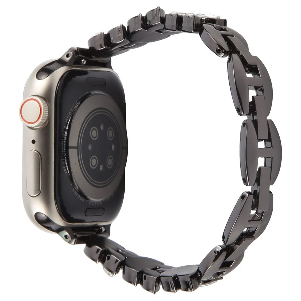 Watch Band For Apple Watch Series 11 10 42mm / 9 8 7 41mm / SE3 SE2 SE 6 5 4 40mm / 3 2 1 38mm Quick Release Leaf Diamond Alloy Strap - Black - 1