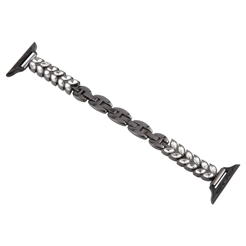 Watch Band For Apple Watch Series 11 10 42mm / 9 8 7 41mm / SE3 SE2 SE 6 5 4 40mm / 3 2 1 38mm Quick Release Leaf Diamond Alloy Strap - Black - 3