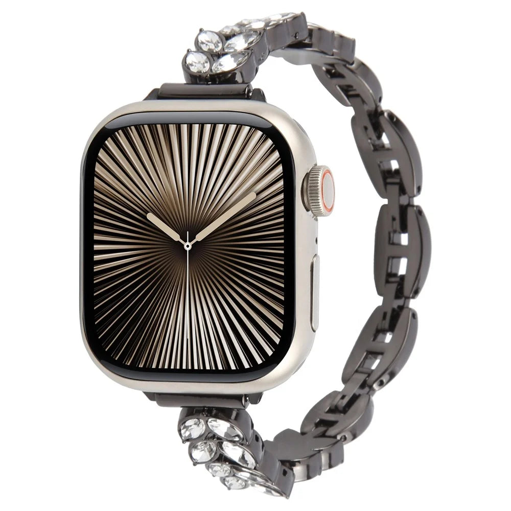 Watch Band For Apple Watch Series 11 10 42mm / 9 8 7 41mm / SE3 SE2 SE 6 5 4 40mm / 3 2 1 38mm Quick Release Leaf Diamond Alloy Strap - Black - 4