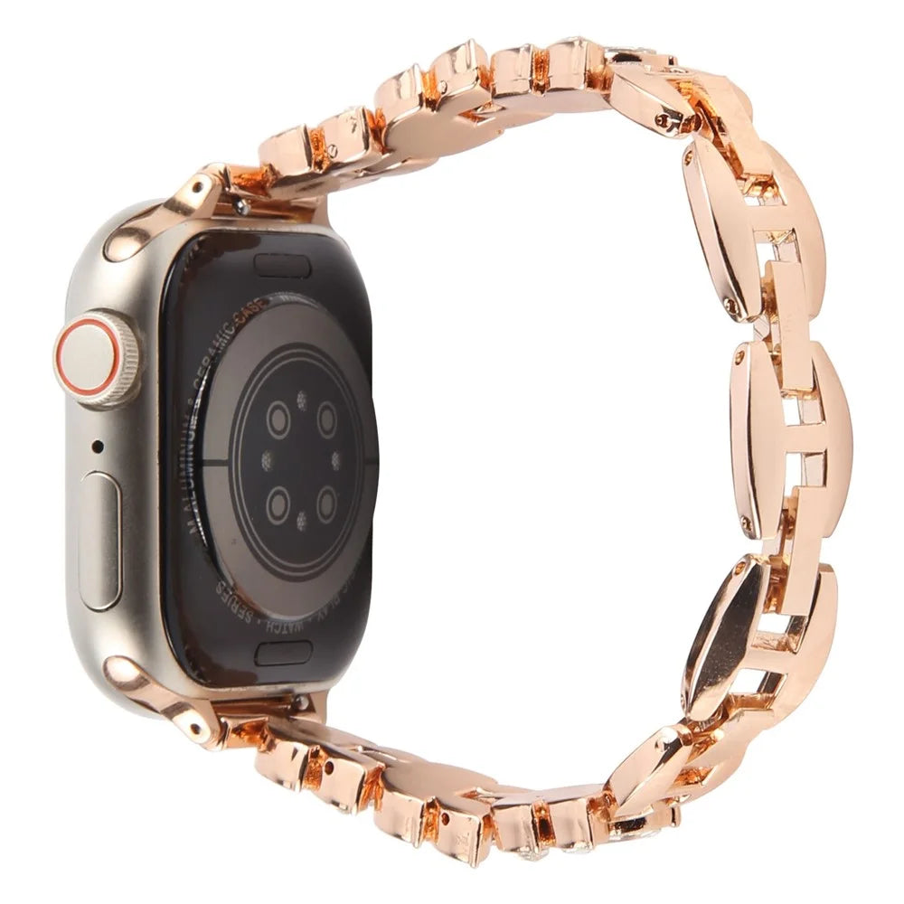 Watch Band For Apple Watch Ultra 3 2 1 49mm / Series 11 10 46mm / 9 8 7 45mm / SE3 SE2 SE 6 5 4 44mm / 3 2 1 42mm Quick Release Leaf Diamond Alloy Strap - Rose Gold - 1