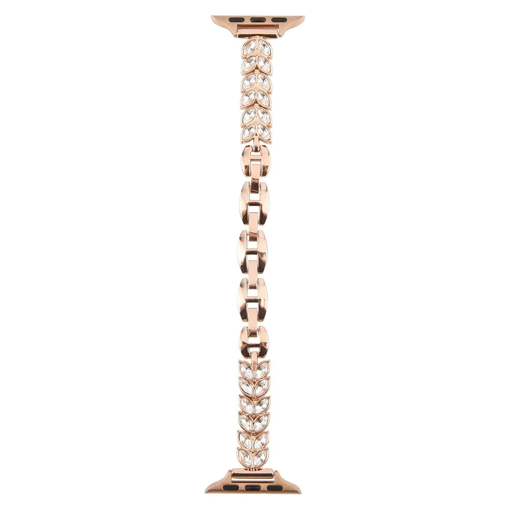 Watch Band For Apple Watch Ultra 3 2 1 49mm / Series 11 10 46mm / 9 8 7 45mm / SE3 SE2 SE 6 5 4 44mm / 3 2 1 42mm Quick Release Leaf Diamond Alloy Strap - Rose Gold - 2