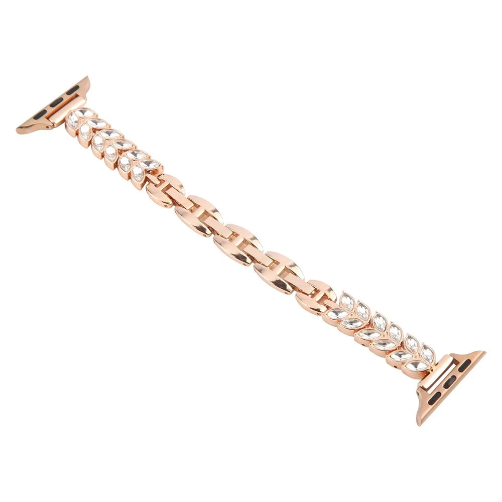 Watch Band For Apple Watch Ultra 3 2 1 49mm / Series 11 10 46mm / 9 8 7 45mm / SE3 SE2 SE 6 5 4 44mm / 3 2 1 42mm Quick Release Leaf Diamond Alloy Strap - Rose Gold - 3