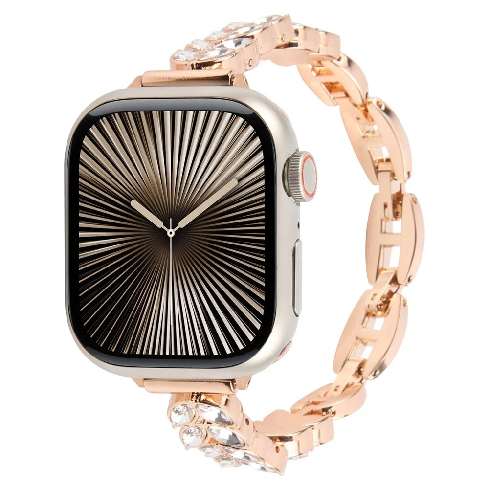Watch Band For Apple Watch Ultra 3 2 1 49mm / Series 11 10 46mm / 9 8 7 45mm / SE3 SE2 SE 6 5 4 44mm / 3 2 1 42mm Quick Release Leaf Diamond Alloy Strap - Rose Gold - 4