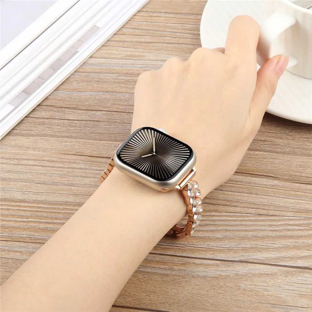 Watch Band For Apple Watch Ultra 3 2 1 49mm / Series 11 10 46mm / 9 8 7 45mm / SE3 SE2 SE 6 5 4 44mm / 3 2 1 42mm Quick Release Leaf Diamond Alloy Strap - Rose Gold - 5