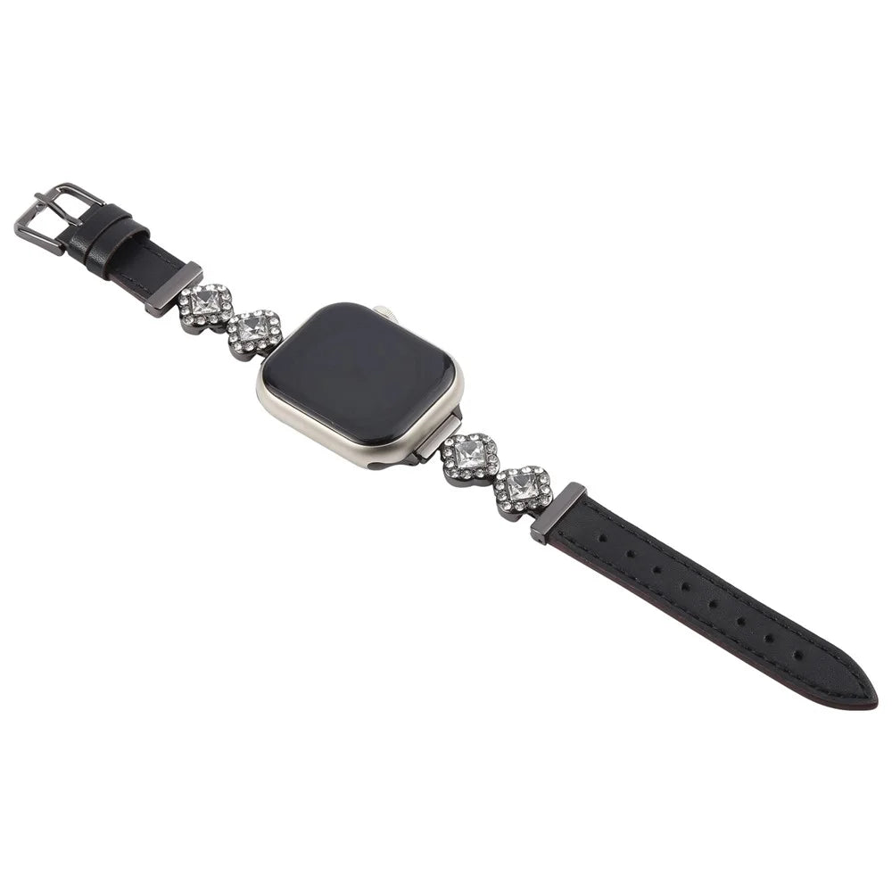 Watch Band For Apple Watch Series 11 10 42mm / 9 8 7 41mm / SE3 SE2 SE 6 5 4 40mm / 3 2 1 38mm Ultra Fiber Leather Diamond-Shaped Strap - Black - 3