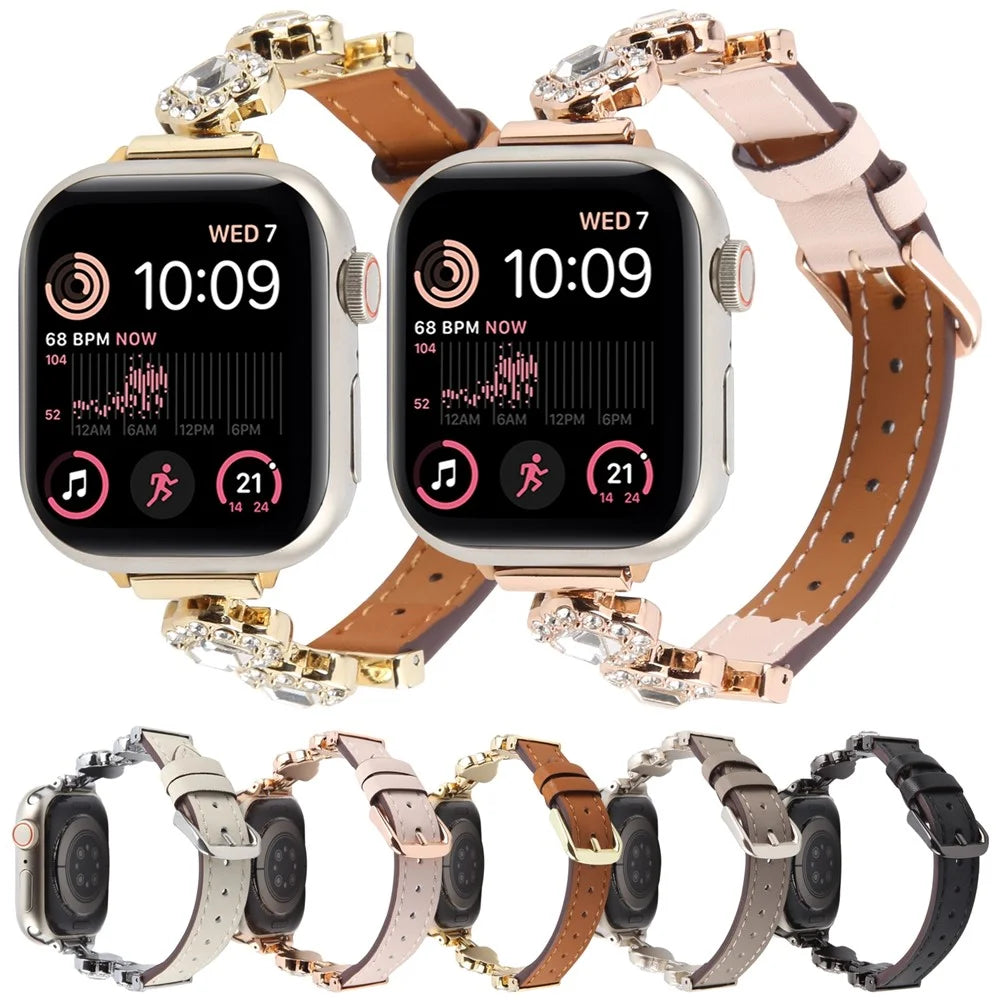 Watch Band For Apple Watch Series 11 10 42mm / 9 8 7 41mm / SE3 SE2 SE 6 5 4 40mm / 3 2 1 38mm Ultra Fiber Leather Diamond-Shaped Strap - Black - 5
