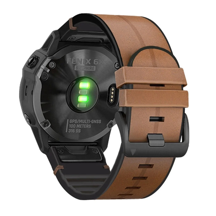 For Garmin Fenix 6X / 6X Plus  / 5X Plus / 3 / 3HR Watch Strap Genuine Leather + Silicone Wrist Band Replacement - Brown - 1