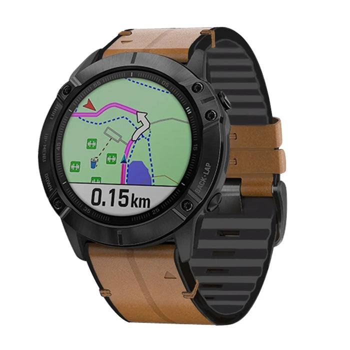 For Garmin Fenix 6X / 6X Plus  / 5X Plus / 3 / 3HR Watch Strap Genuine Leather + Silicone Wrist Band Replacement - Brown - 2