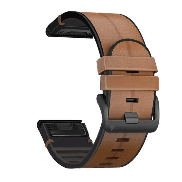 For Garmin Fenix 6X / 6X Plus  / 5X Plus / 3 / 3HR Watch Strap Genuine Leather + Silicone Wrist Band Replacement - Brown - 3