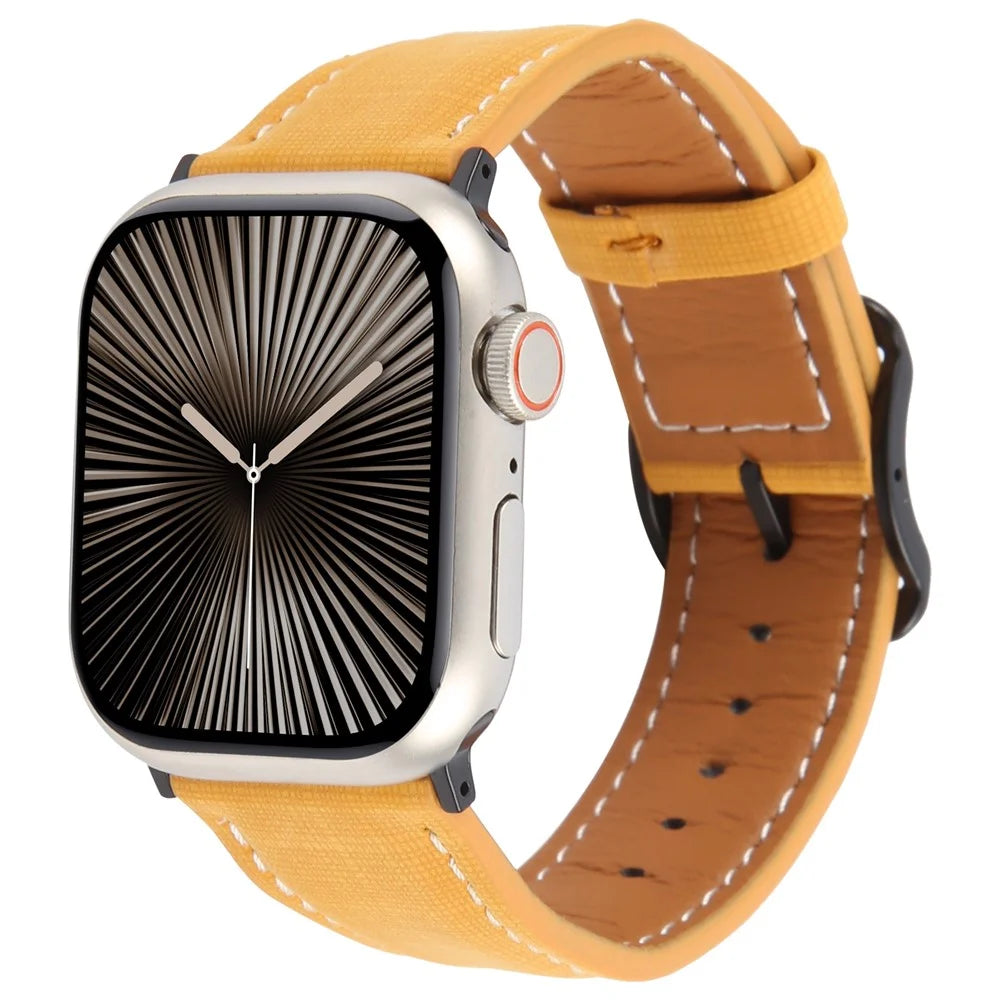 Watch Band For Apple Watch Series 11 10 42mm / 9 8 7 41mm / SE3 SE2 SE 6 5 4 40mm / 3 2 1 38mm Checkered Pattern Day-Shaped Buckle Leather Strap - Yellow - 2