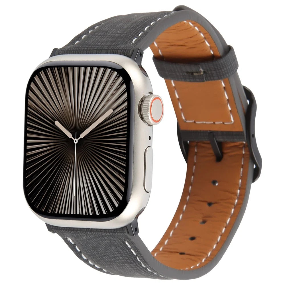 Watch Band For Apple Watch Ultra 3 2 1 49mm / Series 11 10 46mm / 9 8 7 45mm / SE3 SE2 SE 6 5 4 44mm / 3 2 1 42mm Checkered Pattern Day-Shaped Buckle Leather Strap - Black - 2