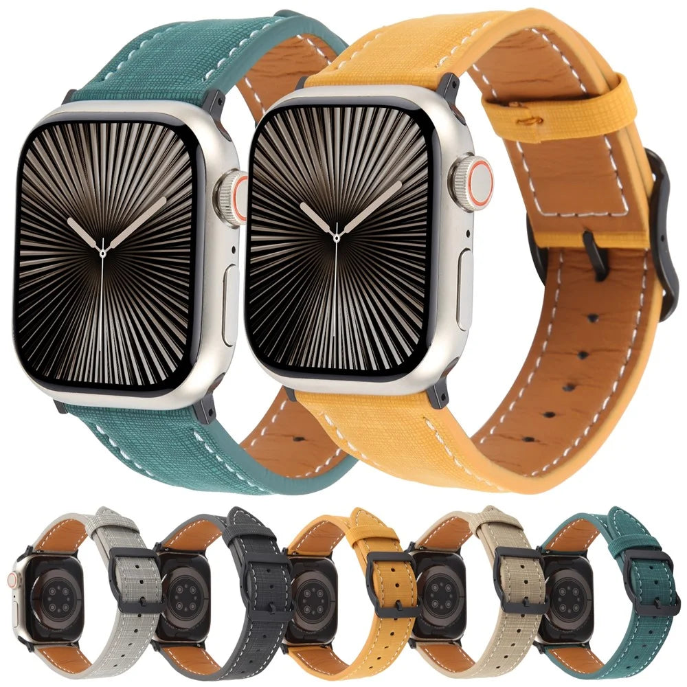 Watch Band For Apple Watch Ultra 3 2 1 49mm / Series 11 10 46mm / 9 8 7 45mm / SE3 SE2 SE 6 5 4 44mm / 3 2 1 42mm Checkered Pattern Day-Shaped Buckle Leather Strap - Black - 5