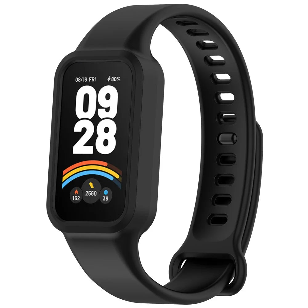 For Xiaomi Smart Band 9 Active / Redmi Band 3 Watch Band Soft Silicone Strap with Watch Case - Black - 1