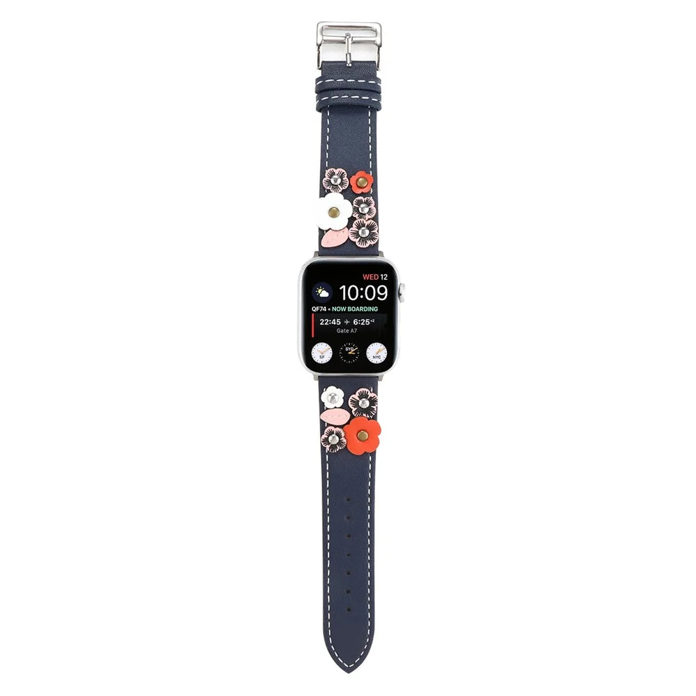 Watch Band For Apple Watch Ultra 3 2 1 49mm / Series 11 10 46mm / 9 8 7 45mm / SE3 SE2 SE 6 5 4 44mm / 3 2 1 42mm Floral Leather Strap - Blue - 4