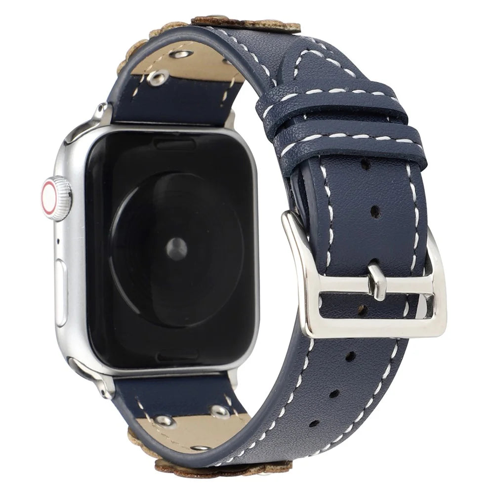 Watch Band For Apple Watch Series 11 10 42mm / 9 8 7 41mm / SE3 SE2 SE 6 5 4 40mm / 3 2 1 38mm Floral Leather Strap - Blue - 1